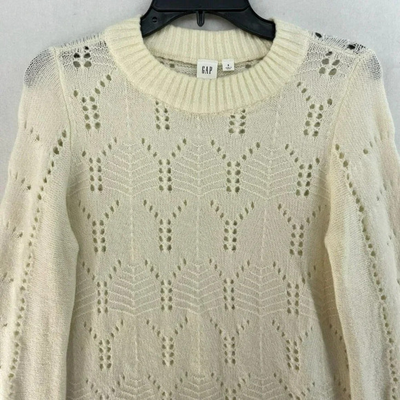 GAP Sweater Women's S Beige Cable-Knit Pointelle Crew Neck Ribbed Balloon Sleeve - Picture 7 of 13
